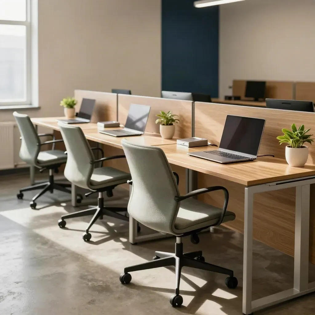 Ready office bay with four chairs, closed laptops, small plants and warm morning light.