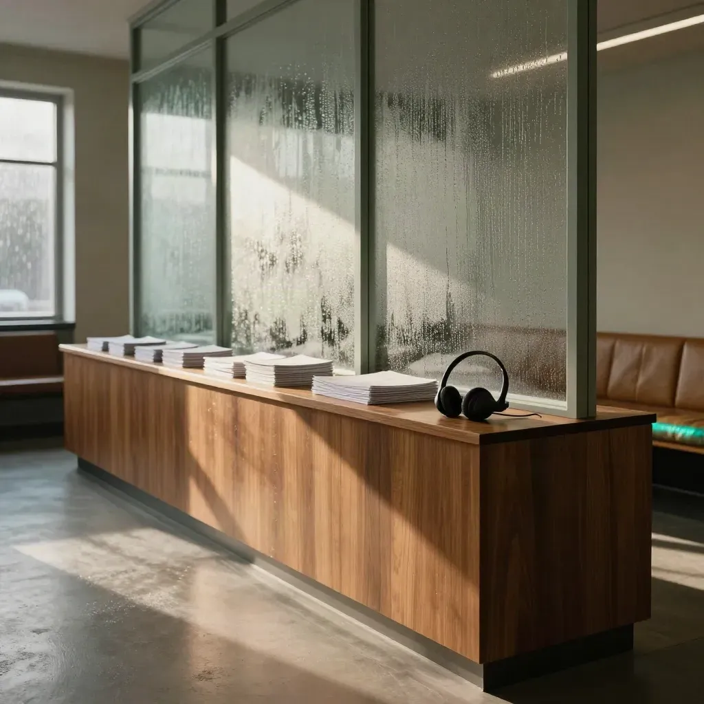 Rain-lit recruiting lounge with walnut credenza, frosted glass, headset and candidate sleeves.