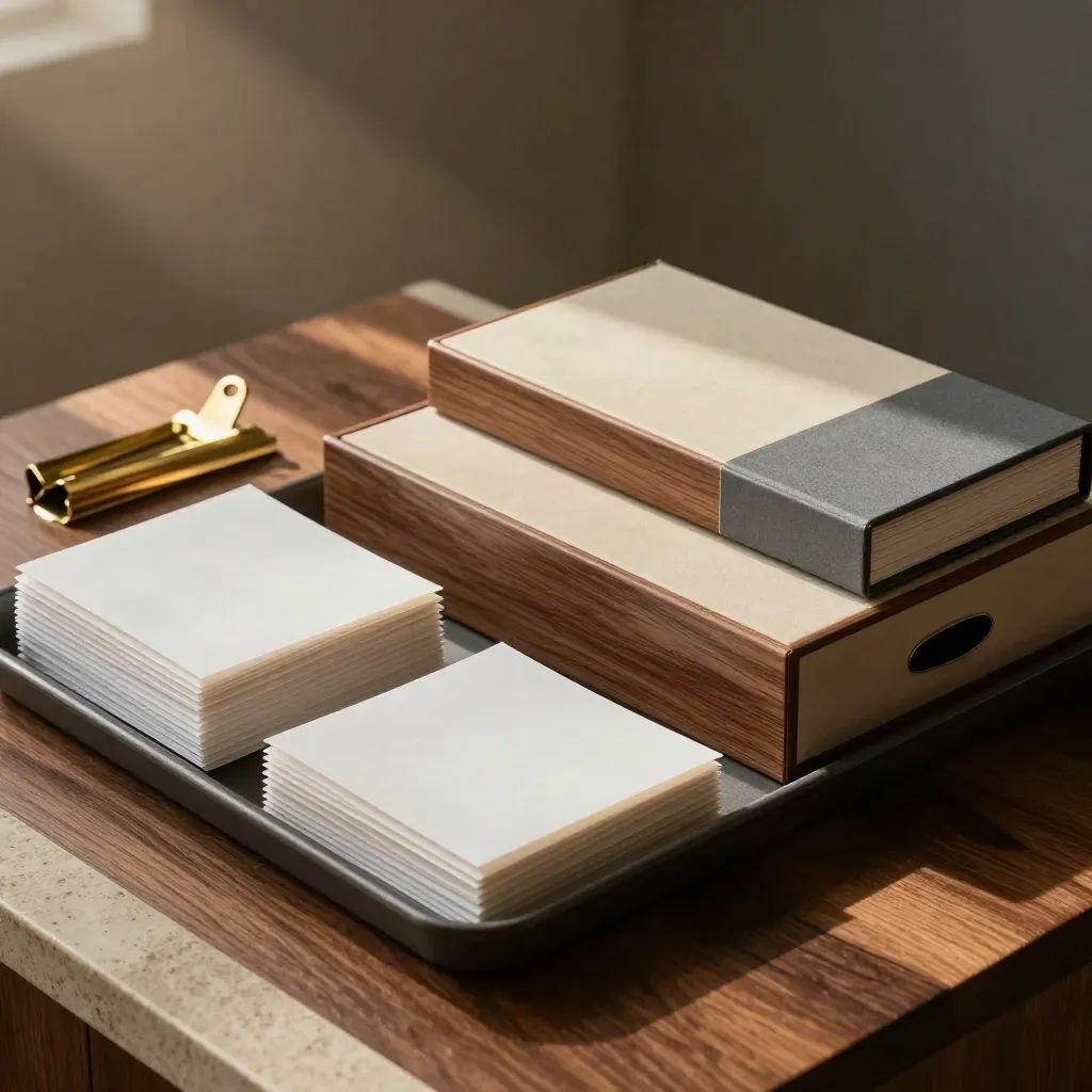 Overhead flatlay of frosted sleeves, brass clips, and nested file boxes on walnut wood.