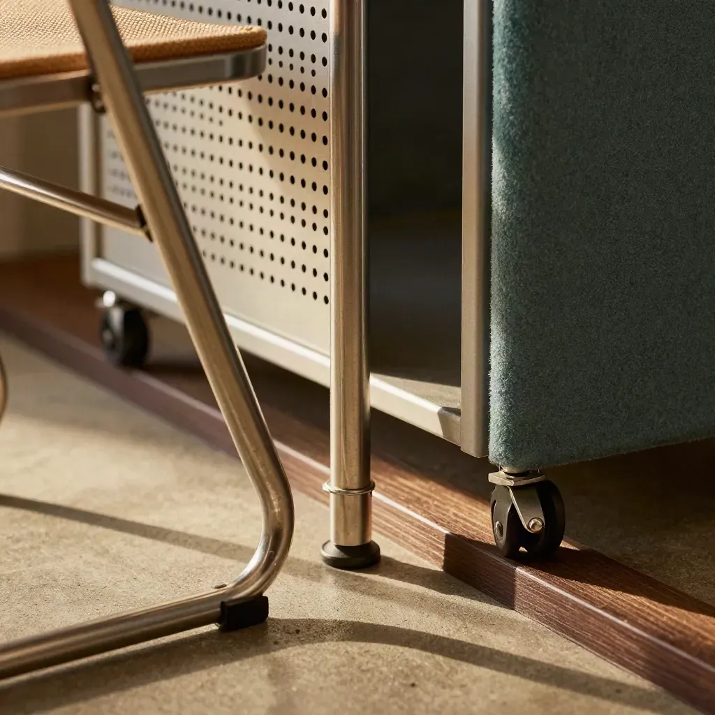 Macro of folded hiring setup materials: chair hinges, divider edge, charging cart, stacked stools.