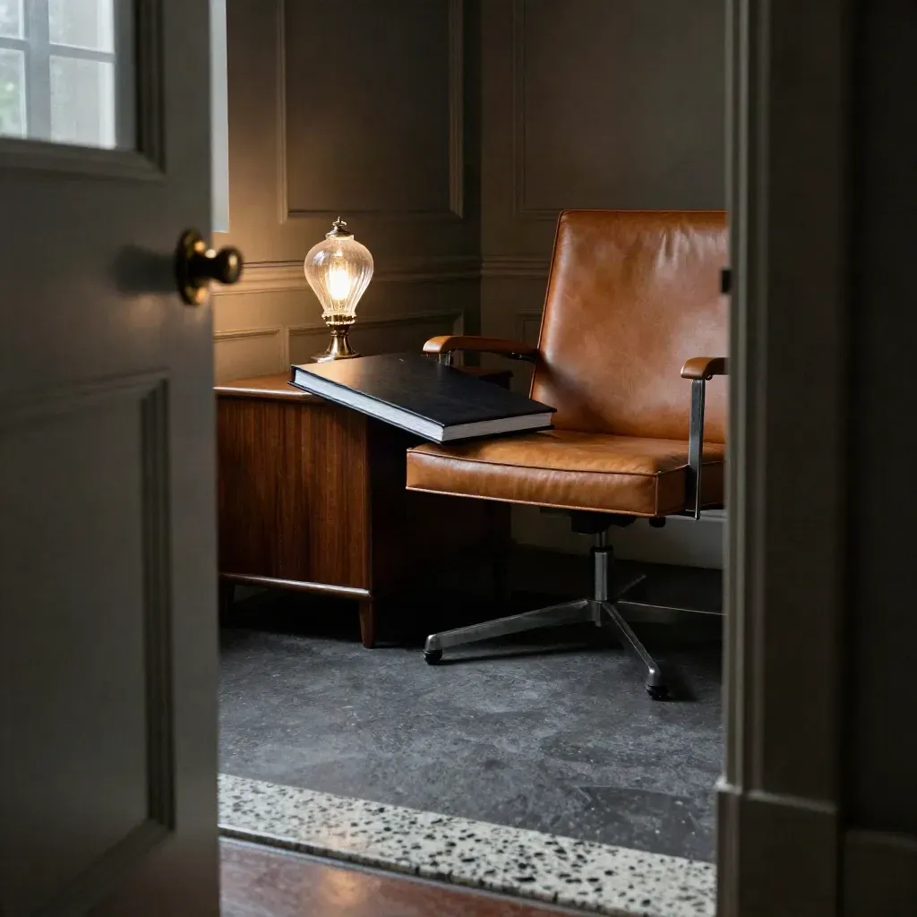 Corner office with leather chair, walnut credenza, smoked-glass lamp, and sealed folio in warm light.