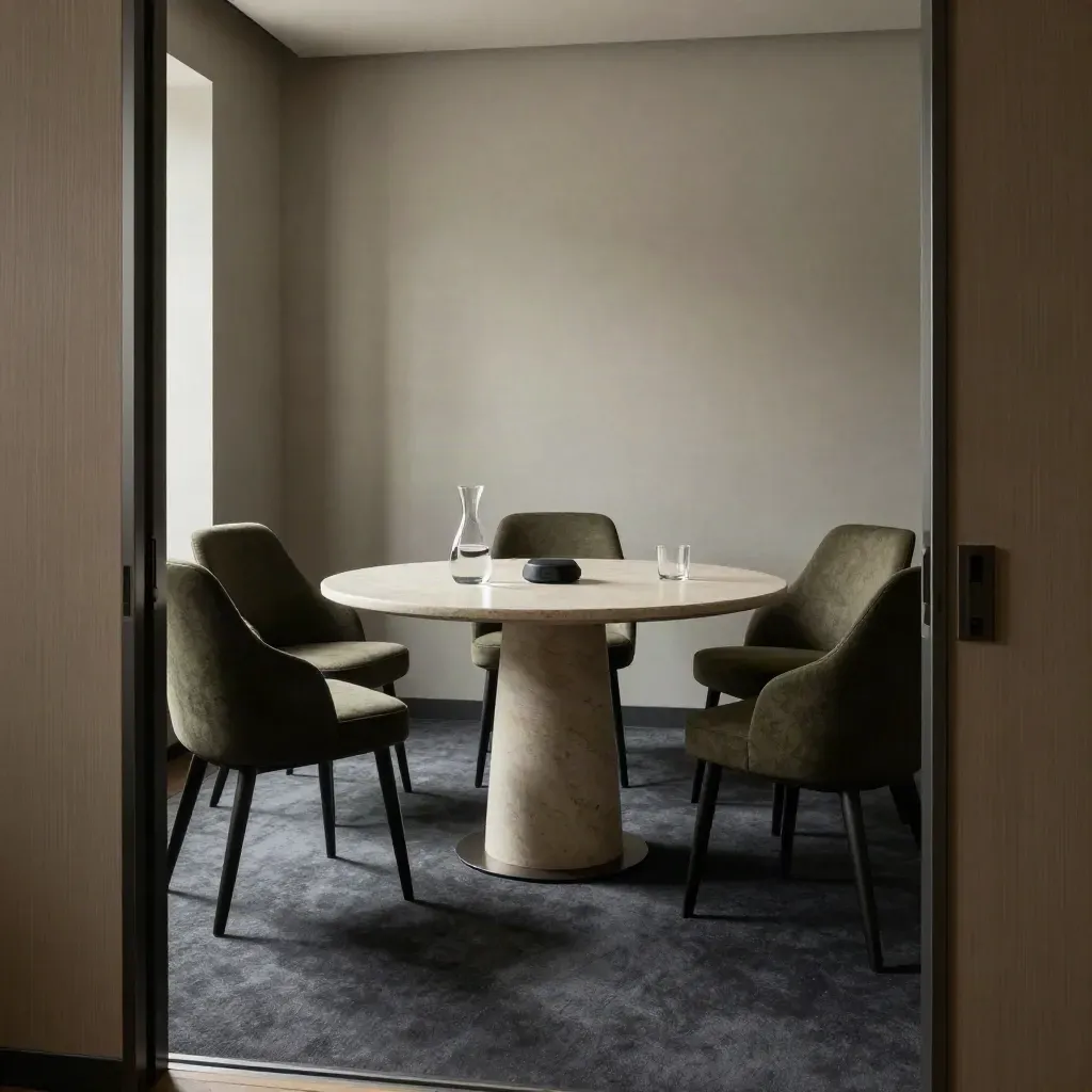 Empty interview room with three chairs, stone table, and speakerphone ready for meetings.