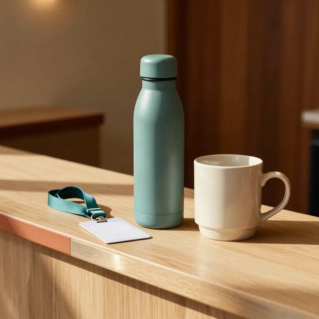 Onboarding welcome kit with bottle, blank key-card sleeve, mug and lanyard on a sunlit shelf.