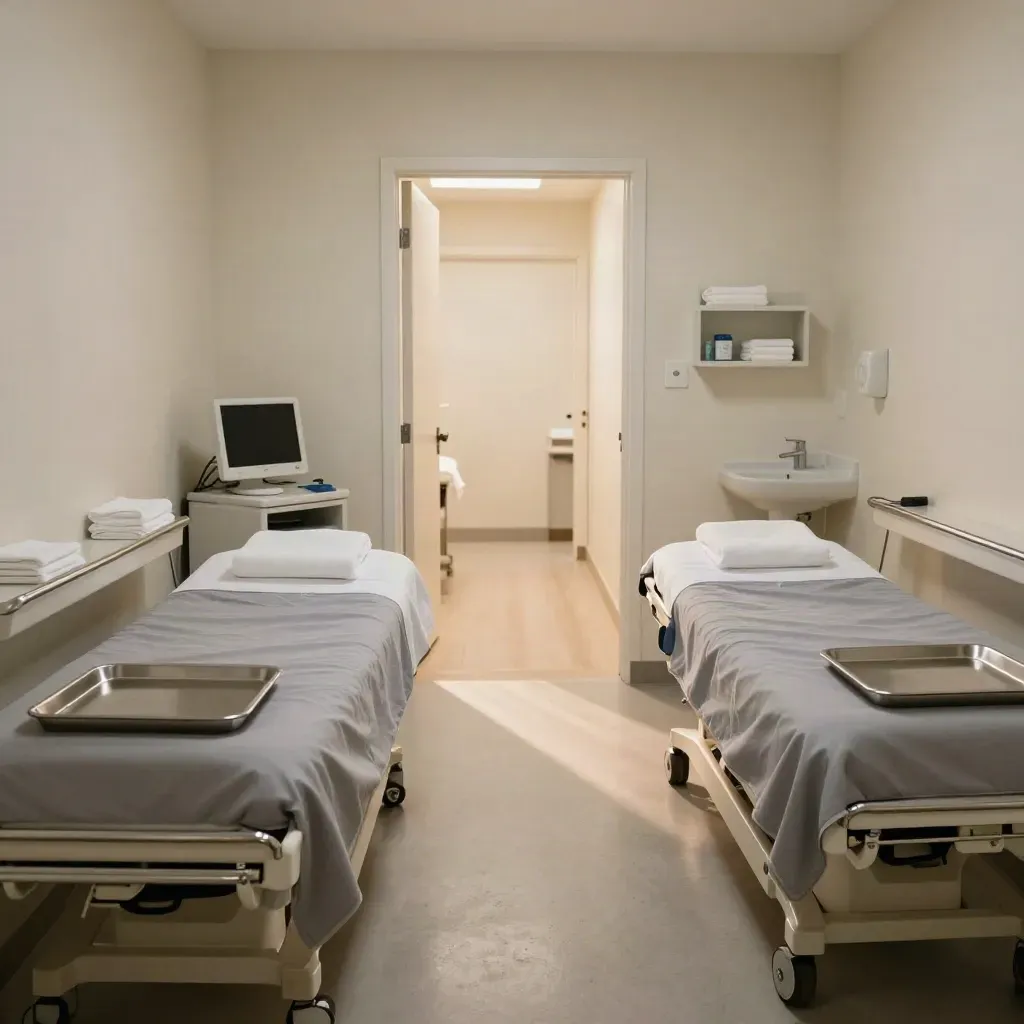 Two ready clinic rooms off a corridor, beds made, trays covered, monitors softly glowing