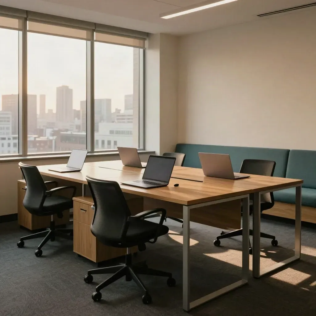Empty Toronto office suite set for three reps, with desks, laptops, chairs, and skyline.
