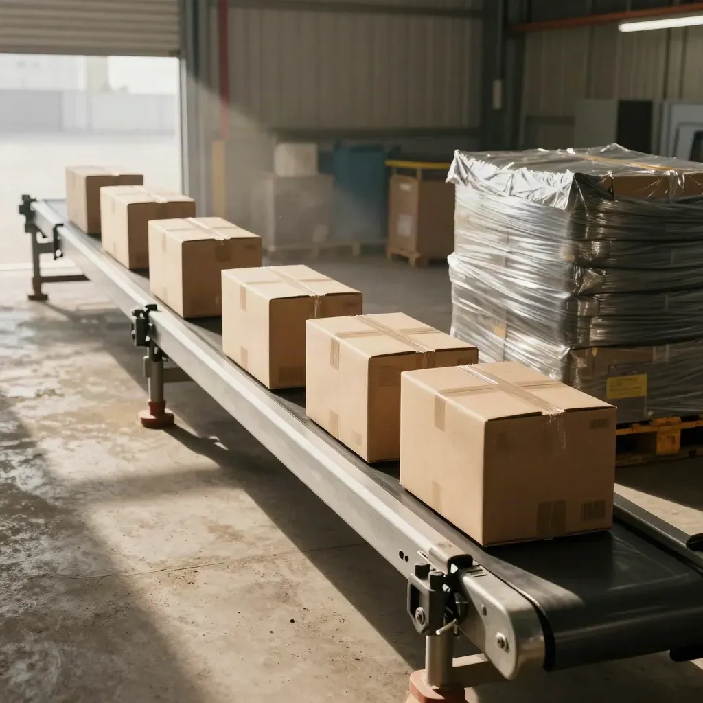 Conveyor line with wrapped pallets and cartons racing through a bright warehouse dock.