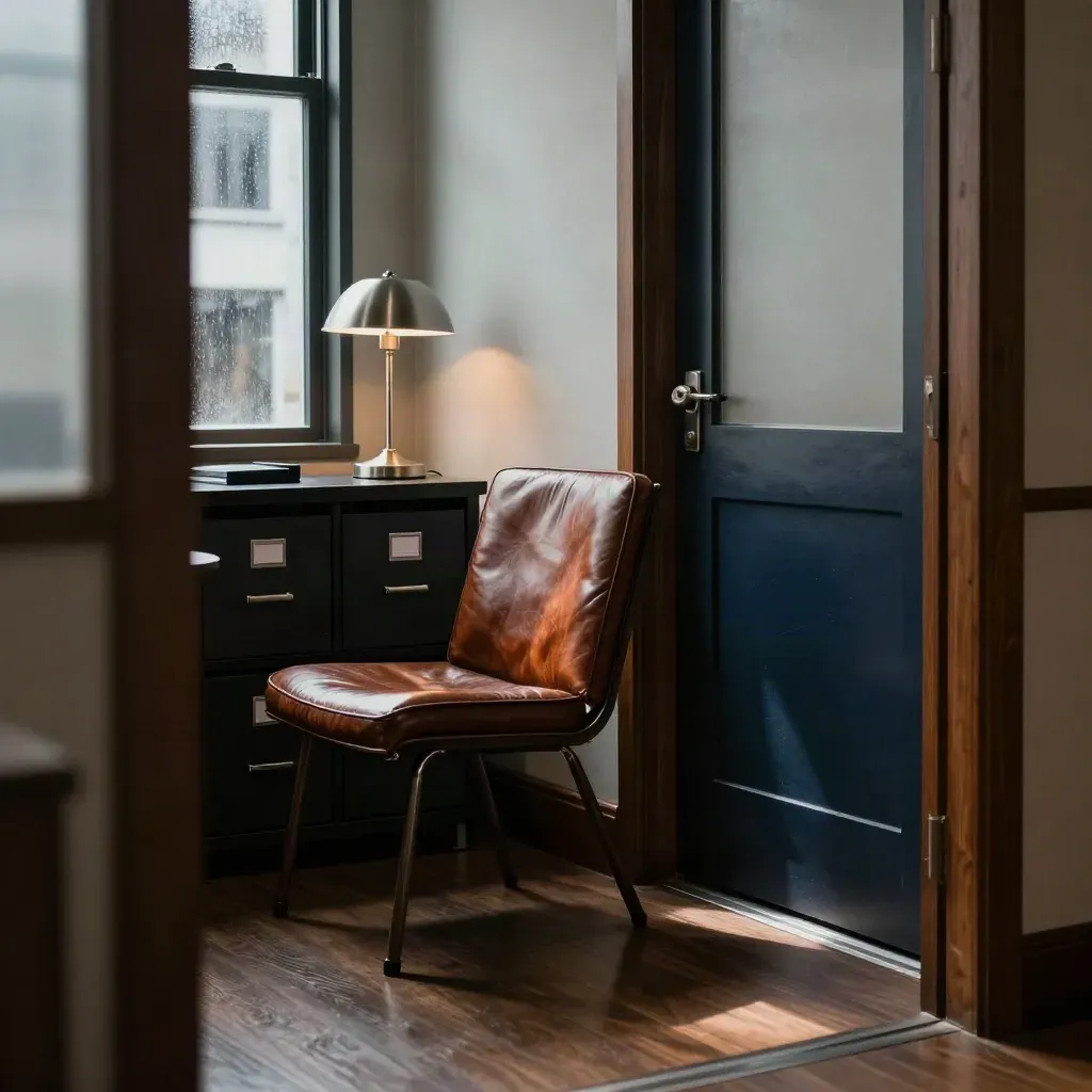 Empty corner office with leather chair, lamp, file cabinet and frosted door in rain-soft light