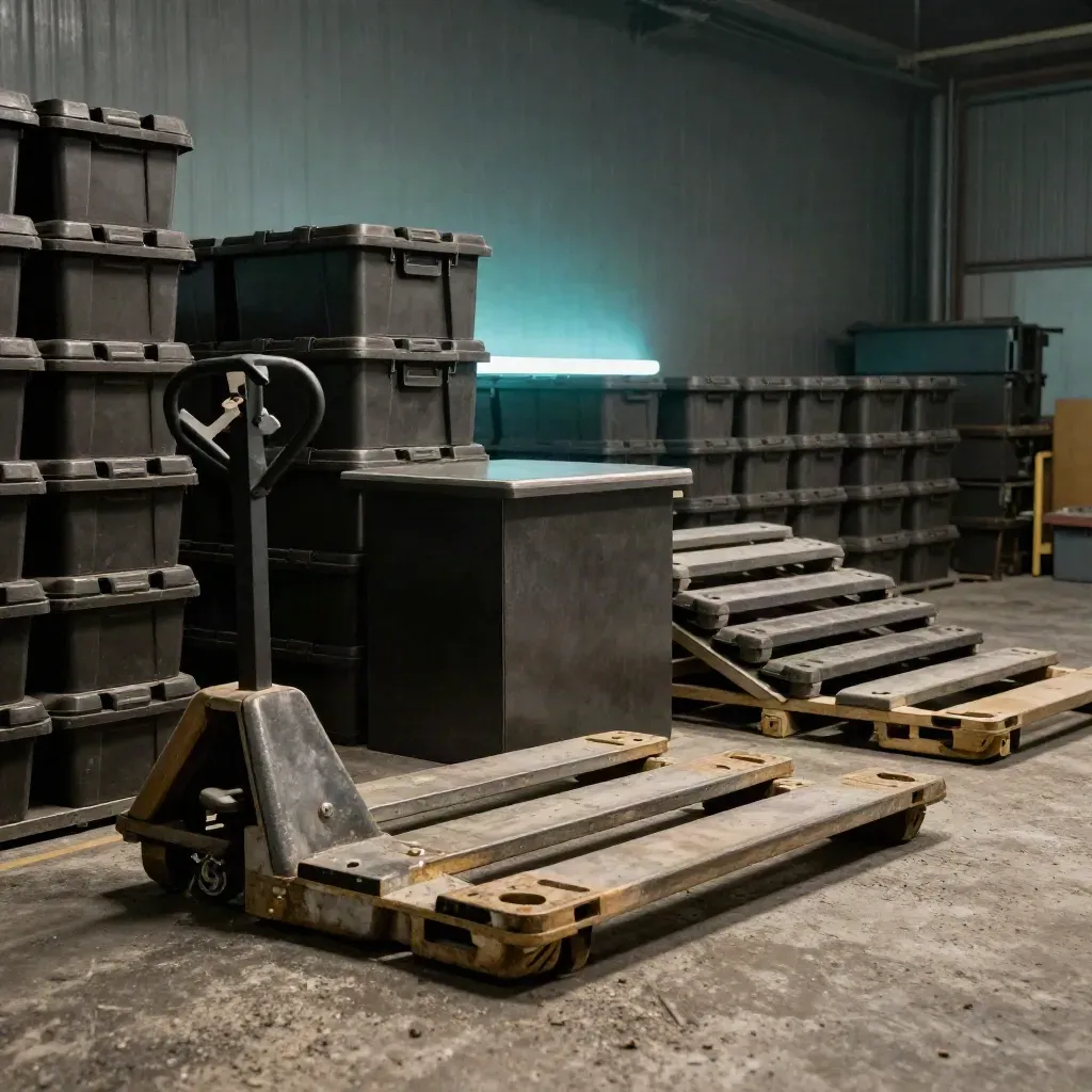 Stacked bins, pallet jack and loading bays in a dim operations hub with teal haze