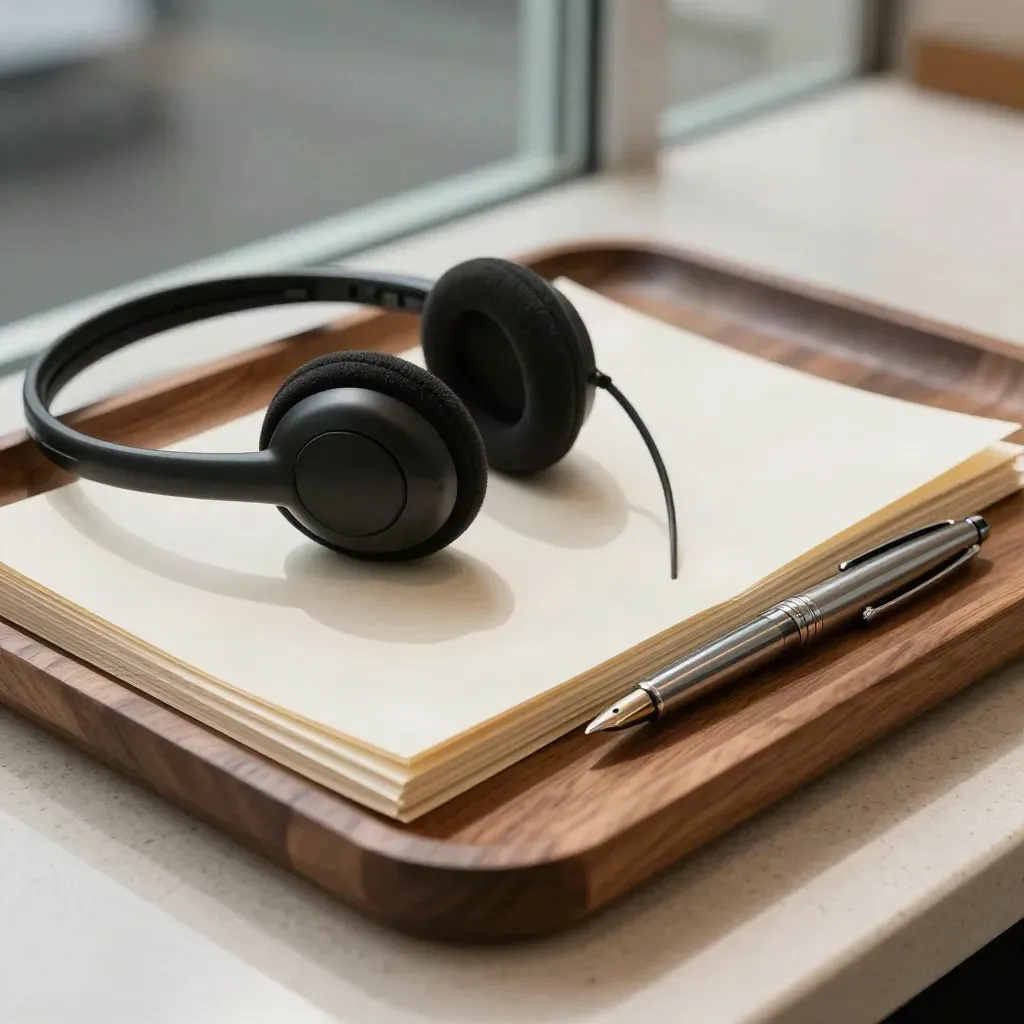 Macro tray of recruiter tools: headset, candidate sleeves, fountain pen on walnut and travertine.