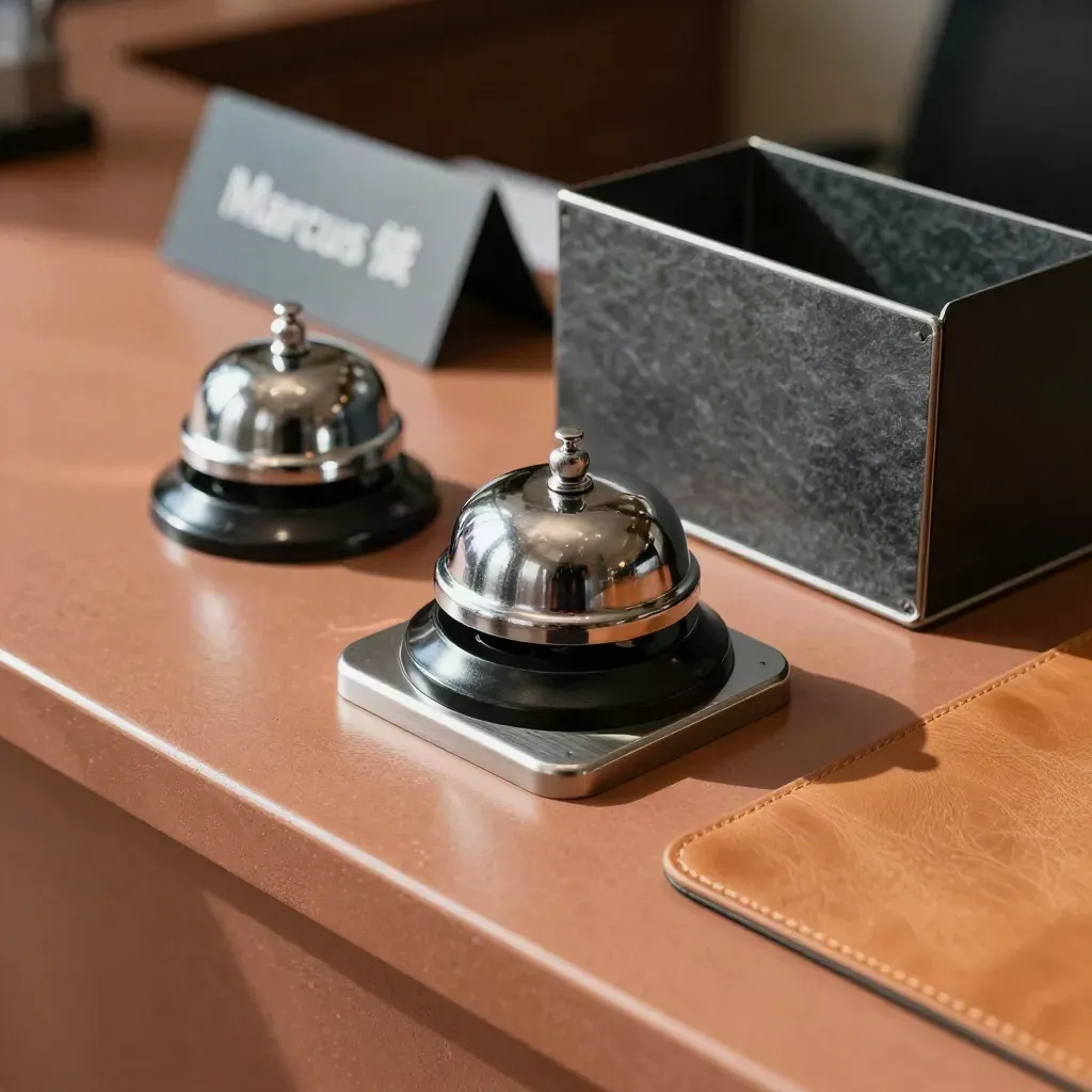 Overhead still life of a phone base, bell, dividers, and leather mouse pad on terracotta