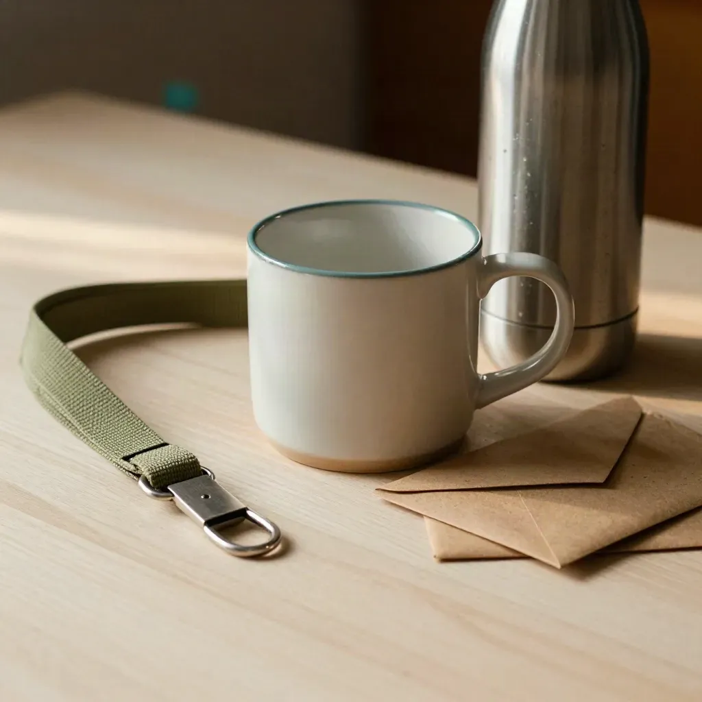 Candidate welcome kit on pale wood: mug, lanyard, bottle and envelope in warm morning light.