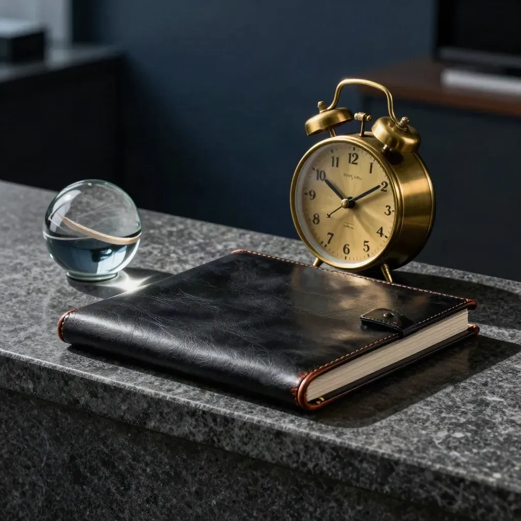 Black folio, brass clock and smoked-glass paperweight on stone in dramatic shadow