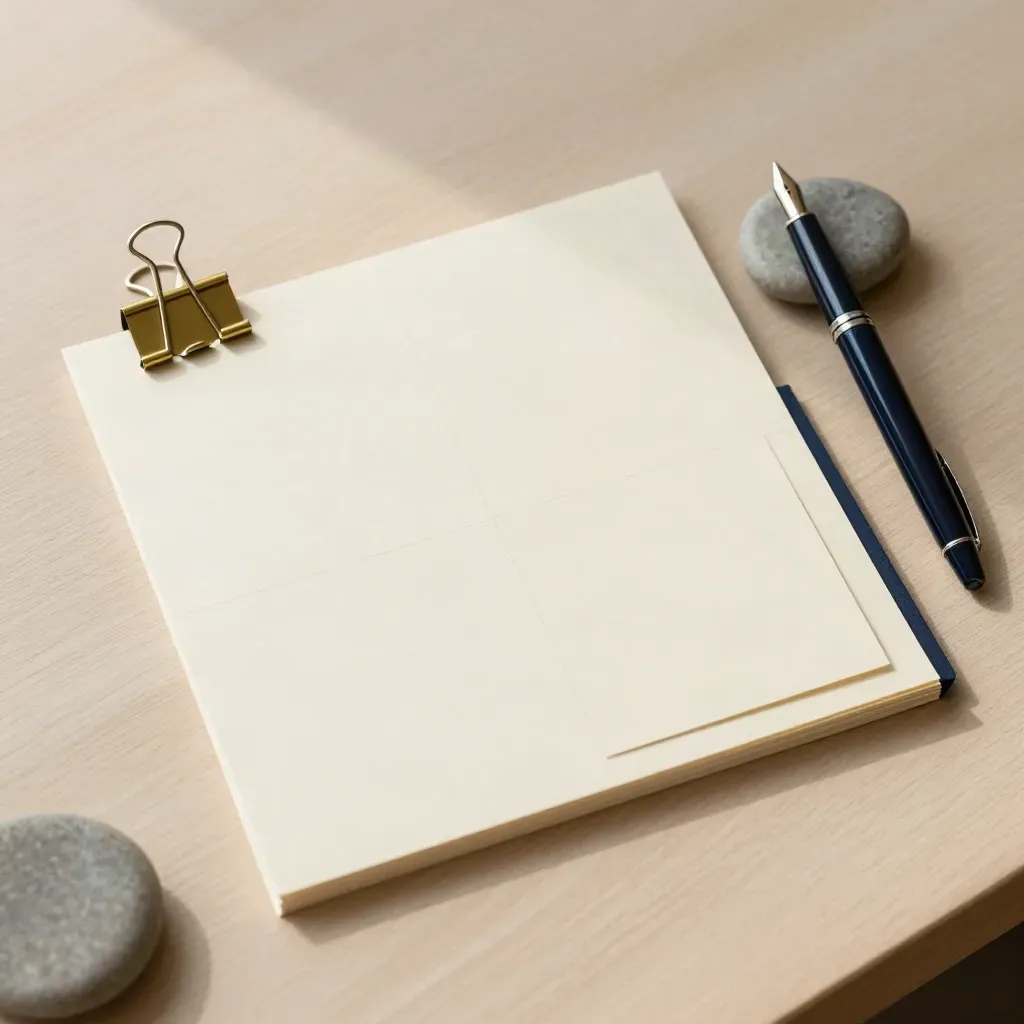 Top-down flatlay of an intake folder, brass clip, pen and stone paperweight on pale wood.