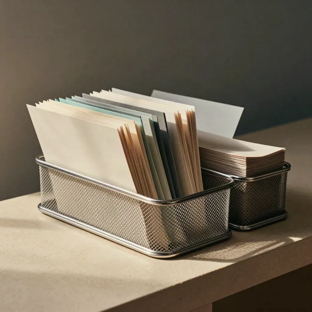 Mesh file tray with candidate sleeves and teal dividers on a warm plaster console.