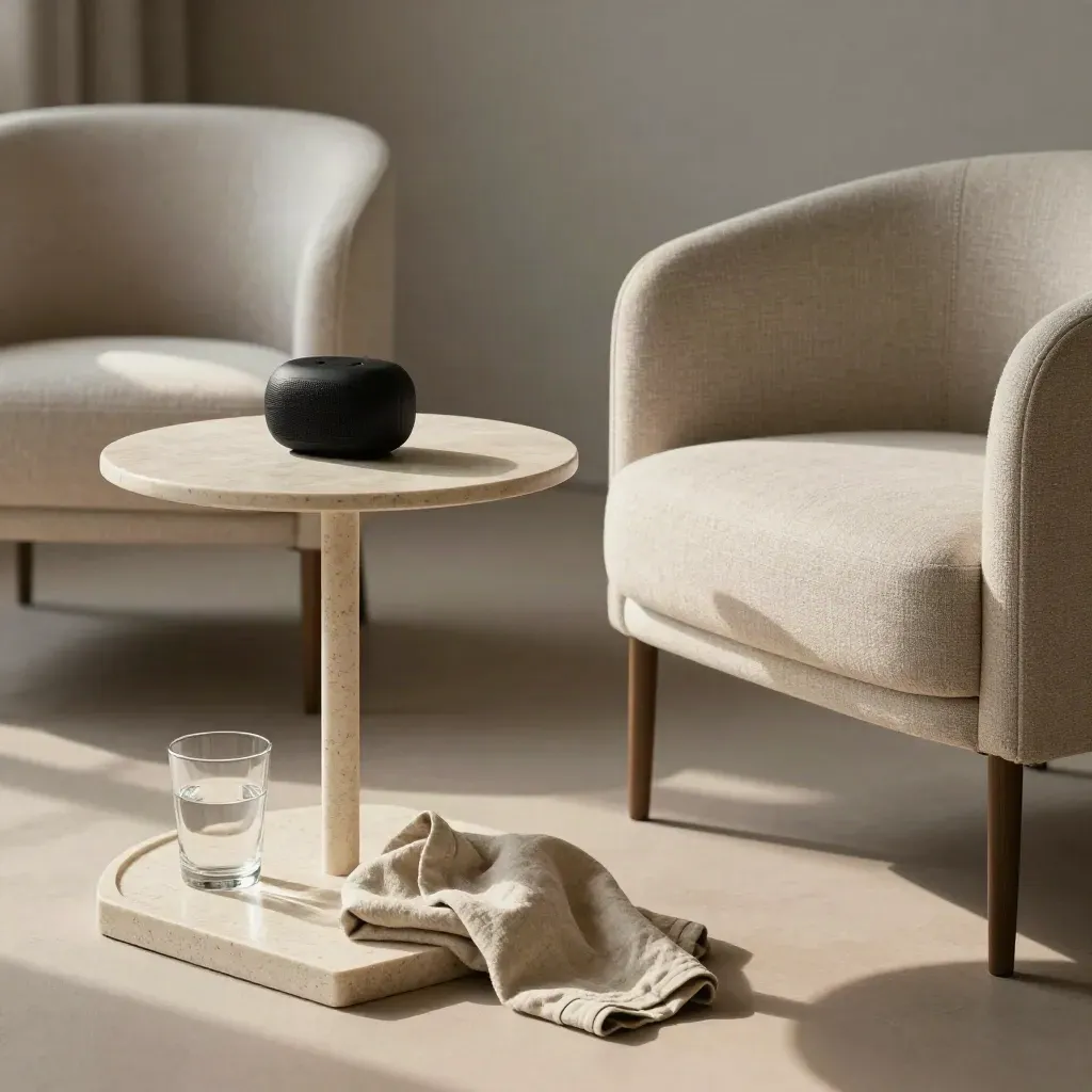 Interview room still life with chairs, table, speakerphone, and water glasses on stone.