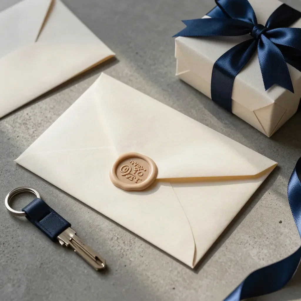 Overhead flatlay of offer envelope, card sleeve, key fob, and welcome box on concrete.