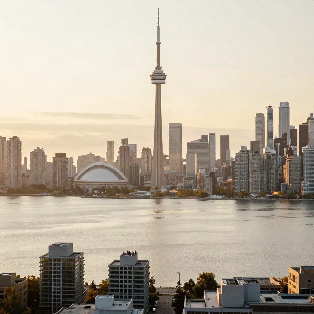 Toronto skyline with CN Tower above hazy lake at golden hour