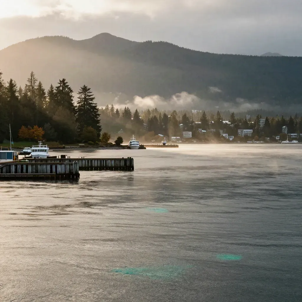 Sunlit Vancouver harbor with North Shore mountains, mist, and cedar waterfront at golden hour.