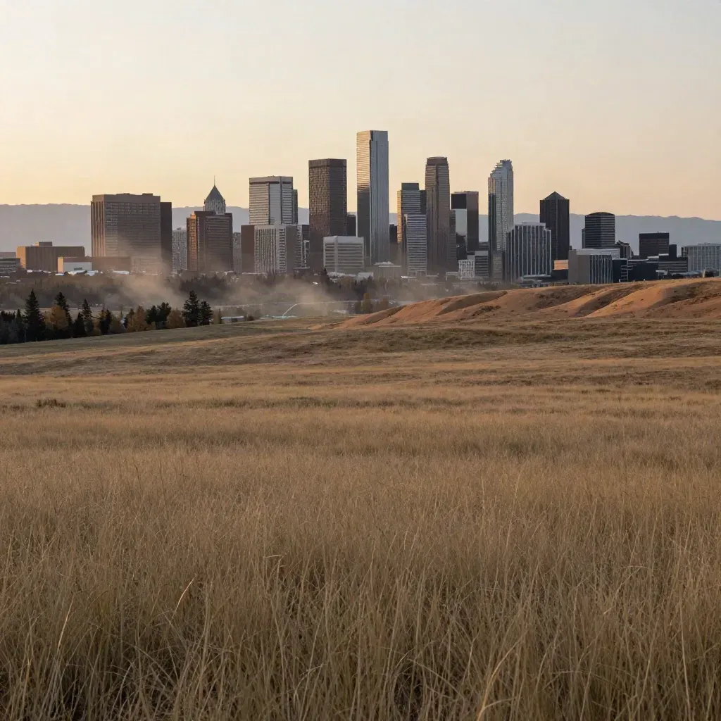 Calgary skyline above prairie grass with distant mountains in warm evening haze