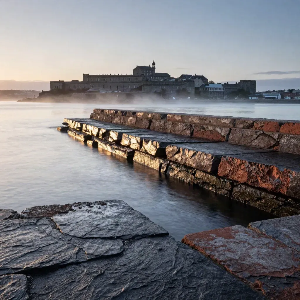 Halifax harbor and Citadel silhouette over stone shoreline at blue hour